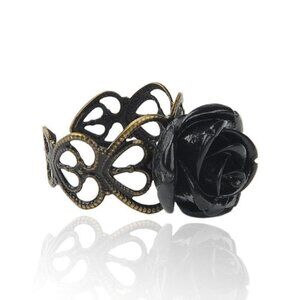Lacy Bronze Victorian Style Black Rose Flower Lucite Cabochon Adjustable Ring